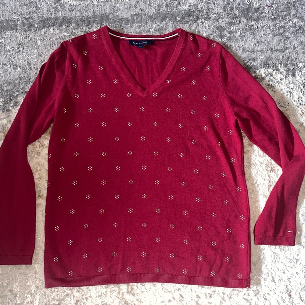 Tommy Hilfiger embellished  Burgundy V-Neck Sweater women’s large
